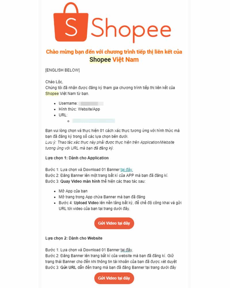 Nhận email từ shopee